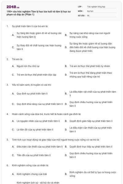190+ câu trắc nghiệm Tâm lý học lứa tuổi và tâm lý học sư phạm có đáp án (Phần 1)