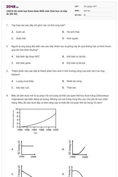 (2024) Đề minh họa tham khảo BGD môn Sinh học có đáp án (Đề 40)