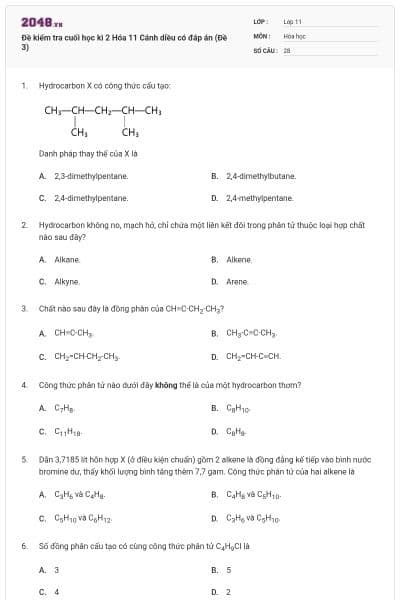 Đề kiểm tra cuối học kì 2 Hóa 11 Cánh diều có đáp án (Đề 3)