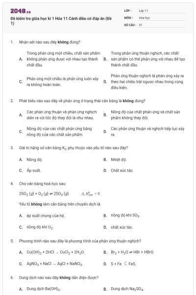Đề kiểm tra giữa học kì 1 Hóa 11 Cánh diều có đáp án (Đề 1)