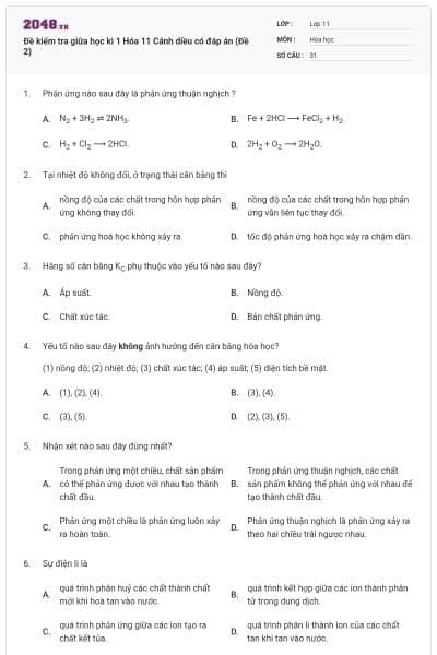 Đề kiểm tra giữa học kì 1 Hóa 11 Cánh diều có đáp án (Đề 2)