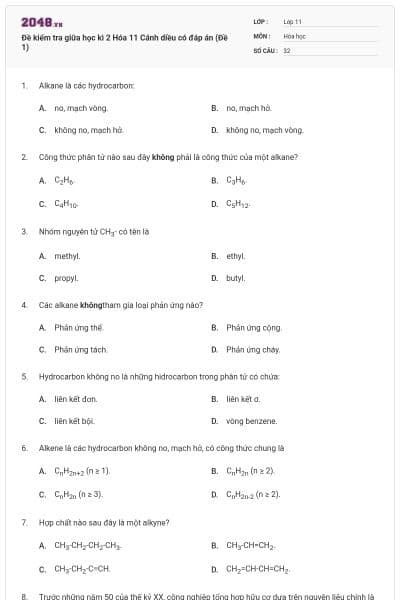 Đề kiểm tra giữa học kì 2 Hóa 11 Cánh diều có đáp án (Đề 1)