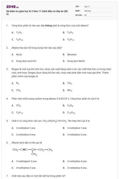 Đề kiểm tra giữa học kì 2 Hóa 11 Cánh diều có đáp án (Đề 3)