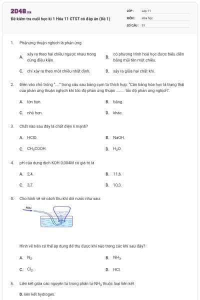 Đề kiểm tra cuối học kì 1 Hóa 11 CTST có đáp án (Đề 1)