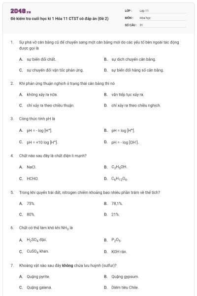 Đề kiểm tra cuối học kì 1 Hóa 11 CTST có đáp án (Đề 2)