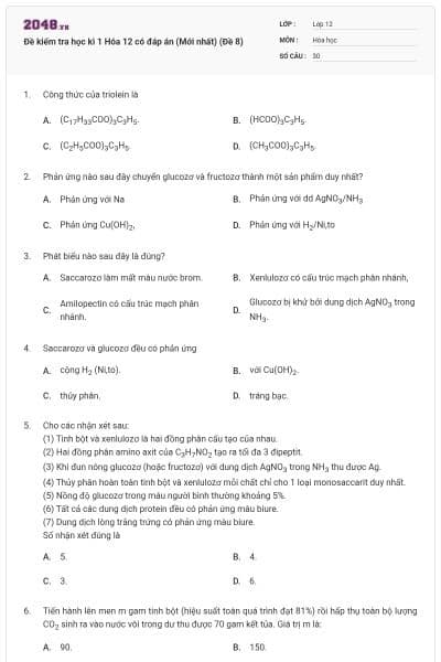 Đề kiểm tra học kì 1 Hóa 12 có đáp án (Mới nhất) (Đề 8)