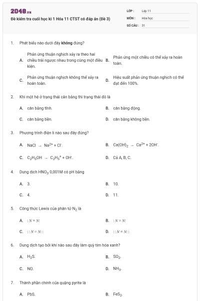 Đề kiểm tra cuối học kì 1 Hóa 11 CTST có đáp án (Đề 3)