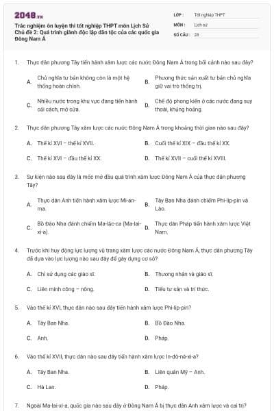 Trắc nghiệm ôn luyện thi tốt nghiệp THPT môn Lịch Sử Chủ đề 2: Quá trình giành độc lập dân tộc của các quốc gia Đông Nam Á