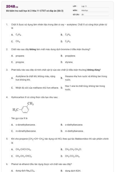 Đề kiểm tra cuối học kì 2 Hóa 11 CTST có đáp án (Đề 3)
