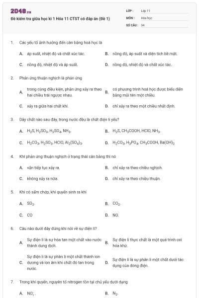 Đề kiểm tra giữa học kì 1 Hóa 11 CTST có đáp án (Đề 1)