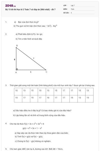 Bộ 15 đề thi Học kì 2 Toán 7 có đáp án (Mới nhất) - đề 7