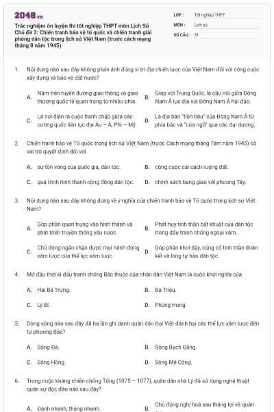 Trắc nghiệm ôn luyện thi tốt nghiệp THPT môn Lịch Sử Chủ đề 3: Chiến tranh bảo vệ tổ quốc và chiến tranh giải phóng dân tộc trong lịch sử Việt Nam (trước cách mạng tháng 8 năm 1945)