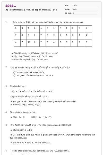Bộ 15 đề thi Học kì 2 Toán 7 có đáp án (Mới nhất) - đề 8