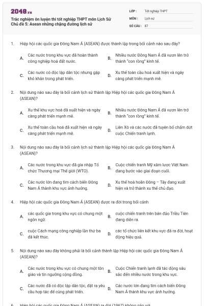 Trắc nghiệm ôn luyện thi tốt nghiệp THPT môn Lịch Sử Chủ đề 5: Asean những chặng đường lịch sử
