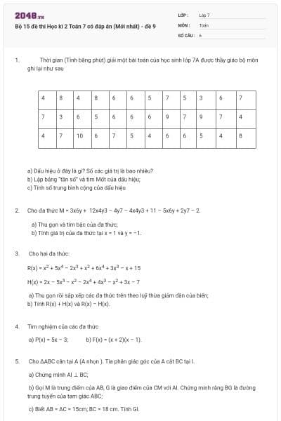 Bộ 15 đề thi Học kì 2 Toán 7 có đáp án (Mới nhất) - đề 9
