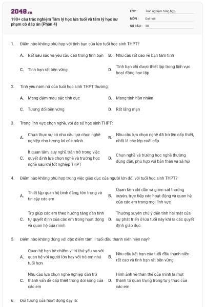 190+ câu trắc nghiệm Tâm lý học lứa tuổi và tâm lý học sư phạm có đáp án (Phần 4)