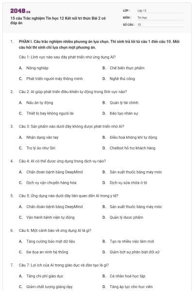 15 câu Trắc nghiệm Tin học 12 Kết nối tri thức Bài 2 có đáp án