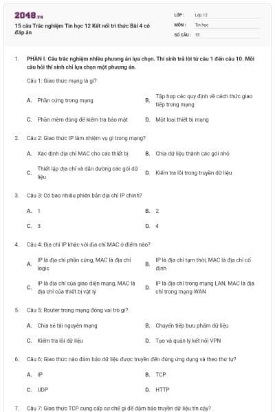 15 câu Trắc nghiệm Tin học 12 Kết nối tri thức Bài 4 có đáp án