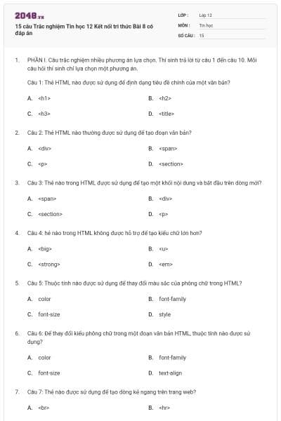 15 câu Trắc nghiệm Tin học 12 Kết nối tri thức Bài 8 có đáp án