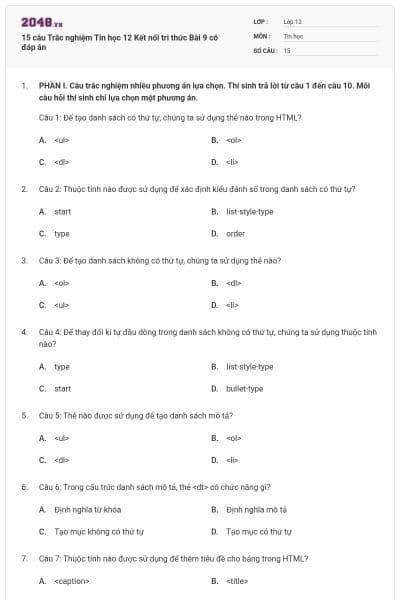 15 câu Trắc nghiệm Tin học 12 Kết nối tri thức Bài 9 có đáp án