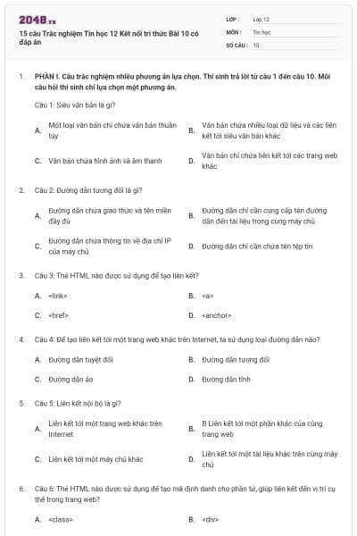 15 câu Trắc nghiệm Tin học 12 Kết nối tri thức Bài 10 có đáp án