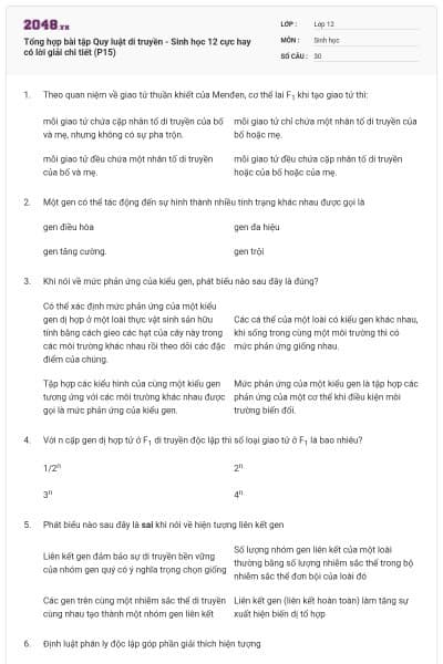 Tổng hợp bài tập Quy luật di truyền - Sinh học 12 cực hay có lời giải chi tiết (P15)