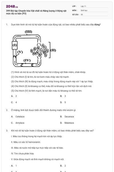 399 Bài tập Chuyển hóa Vật chất và Năng lượng ở Động vật mức độ cơ bản (P3)