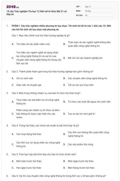 15 câu Trắc nghiệm Tin học 12 Kết nối tri thức Bài 21 có đáp án