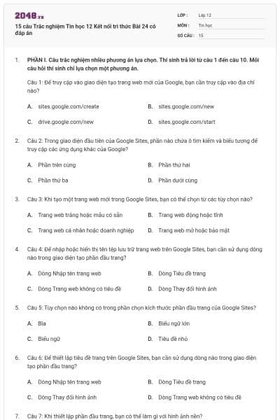 15 câu Trắc nghiệm Tin học 12 Kết nối tri thức Bài 24 có đáp án