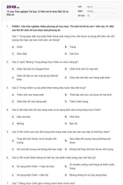 15 câu Trắc nghiệm Tin học 12 Kết nối tri thức Bài 25 có đáp án