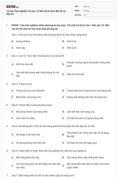 15 câu Trắc nghiệm Tin học 12 Kết nối tri thức Bài 26 có đáp án