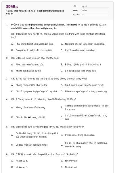 15 câu Trắc nghiệm Tin học 12 Kết nối tri thức Bài 28 có đáp án