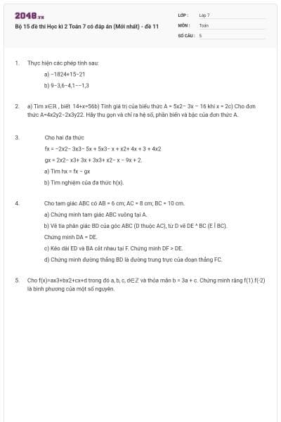 Bộ 15 đề thi Học kì 2 Toán 7 có đáp án (Mới nhất) - đề 11