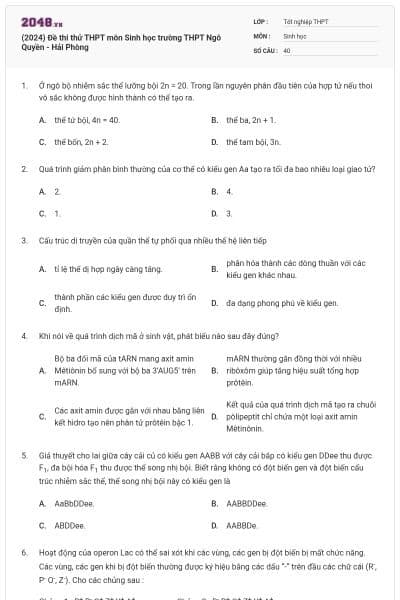 (2024) Đề thi thử THPT môn Sinh học trường THPT Ngô Quyền - Hải Phòng