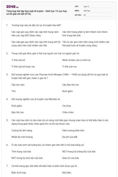 Tổng hợp bài tập Quy luật di truyền - Sinh học 12 cực hay có lời giải chi tiết (P16)