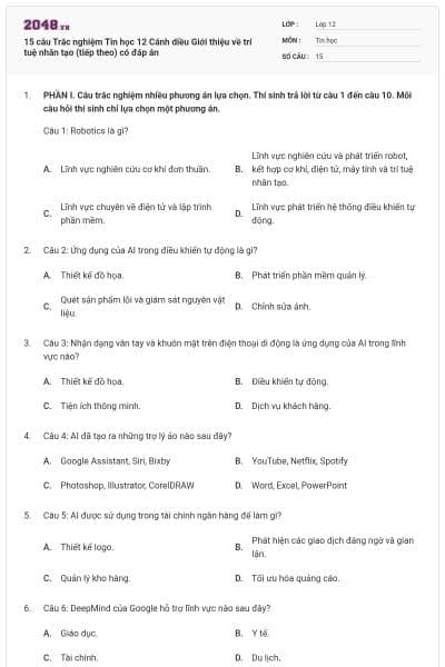 15 câu Trắc nghiệm Tin học 12 Cánh diều Giới thiệu về trí tuệ nhân tạo (tiếp theo) có đáp án