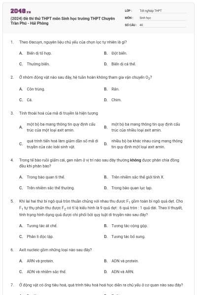 (2024) Đề thi thử THPT môn Sinh học trường THPT Chuyên Trần Phú - Hải Phòng