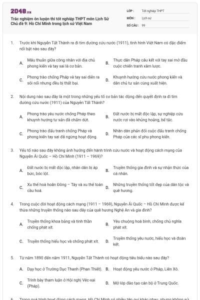 Trắc nghiệm ôn luyện thi tốt nghiệp THPT môn Lịch Sử Chủ đề 9: Hồ Chí Minh trong lịch sử Việt Nam