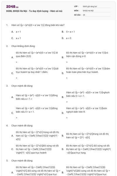 ĐGNL ĐHQG Hà Nội - Tư duy định lượng - Hàm số mũ