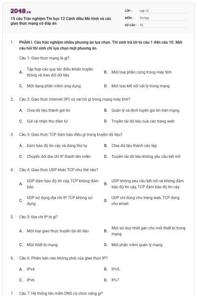 15 câu Trắc nghiệm Tin học 12 Cánh diều Mô hình và các giao thức mạng có đáp án