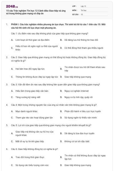 15 câu Trắc nghiệm Tin học 12 Cánh diều Giao tiếp và ứng xử trong không gian mạng có đáp án