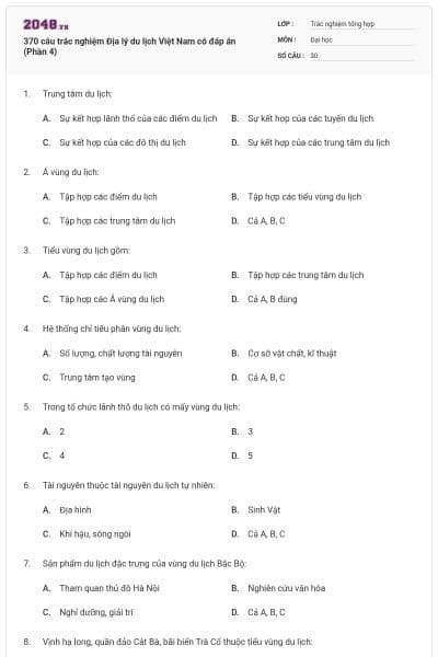 370 câu trắc nghiệm Địa lý du lịch Việt Nam có đáp án (Phần 4)