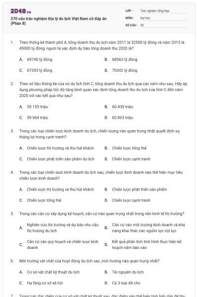 370 câu trắc nghiệm Địa lý du lịch Việt Nam có đáp án (Phần 8)