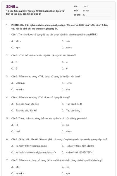 15 câu Trắc nghiệm Tin học 12 Cánh diều Định dạng văn bản và tạo siêu liên kết có đáp án