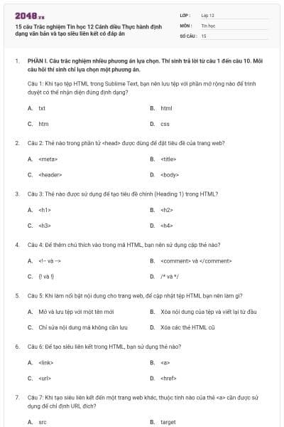 15 câu Trắc nghiệm Tin học 12 Cánh diều Thực hành định dạng văn bản và tạo siêu liên kết có đáp án