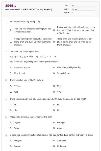 Đề kiểm tra cuối kì 1 Hóa 11 KNTT có đáp án (Đề 1)