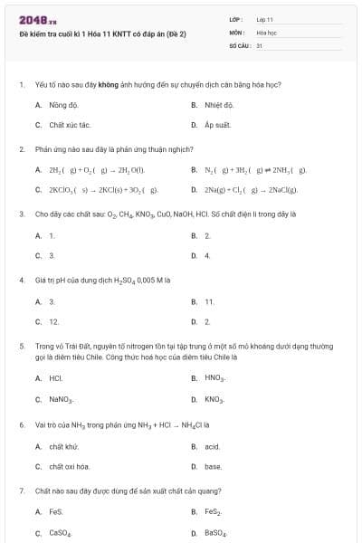 Đề kiểm tra cuối kì 1 Hóa 11 KNTT có đáp án (Đề 2)