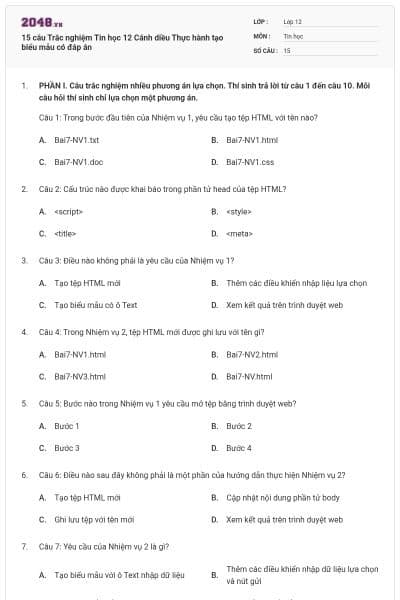 15 câu Trắc nghiệm Tin học 12 Cánh diều Thực hành tạo biểu mẫu có đáp án