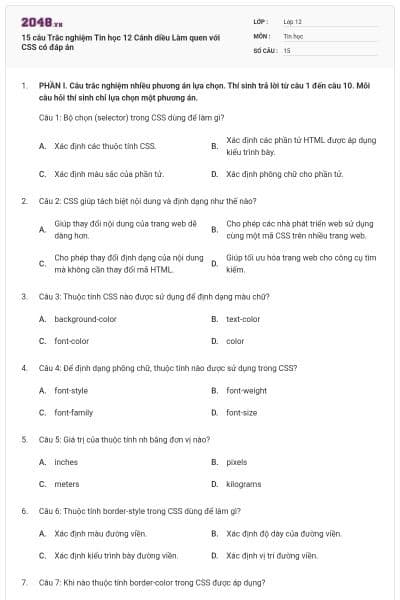 15 câu Trắc nghiệm Tin học 12 Cánh diều Làm quen với CSS có đáp án