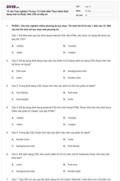 15 câu Trắc nghiệm Tin học 12 Cánh diều Thực hành định dạng một số thuộc tính CSS có đáp án